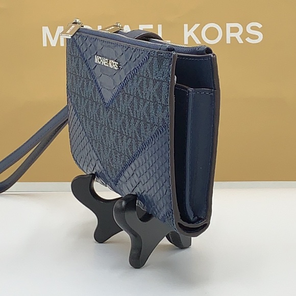 MICHAEL KORS LG DOUBLE ZIP WRISTLET WALLET NAVY MULT Crocodile Leather Snakeskin - Picture 6 of 14